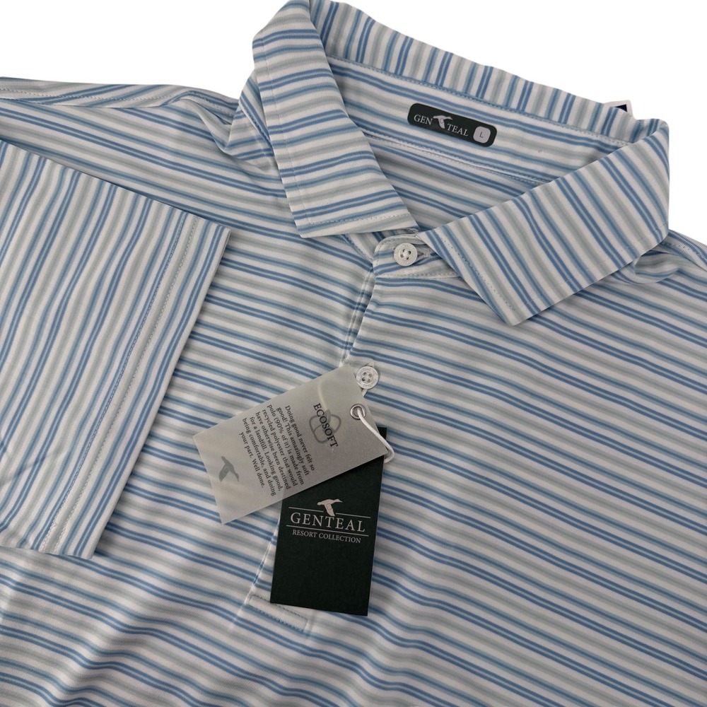 GenTeal Wilmington Ecosoft Polo Mens Large Ice Flow Blue Striped Golf Shirt